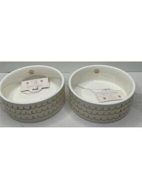 10 Strawberry Street 2 Pet Bowl Paw Waves Designs Tan Ceramic New